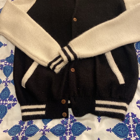 Monsieur Lacenaire black and white 100% alpaca varsity sweater jacket - Picture 5 of 6